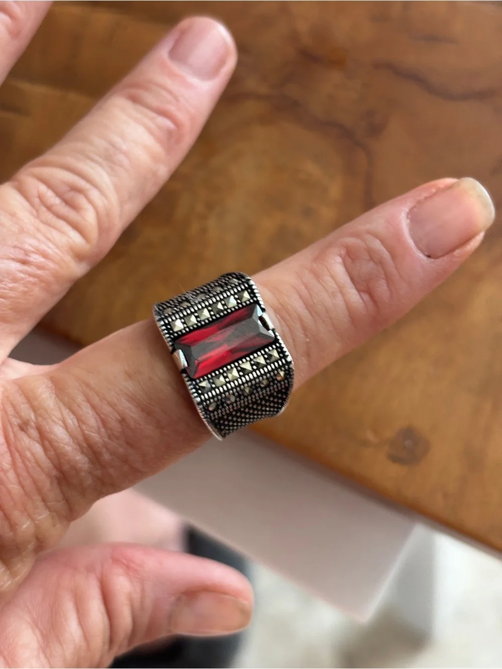 Men's Silver Ring with Rectangular Garnet and marchasite details sz 9
